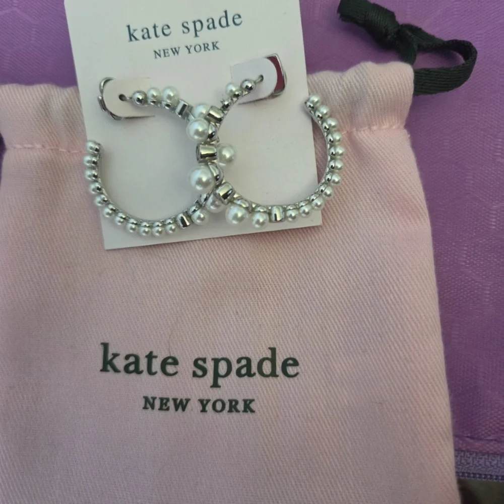 kate spade Silver Faux Pearl & Beaded Hoop Earrings with dust bag